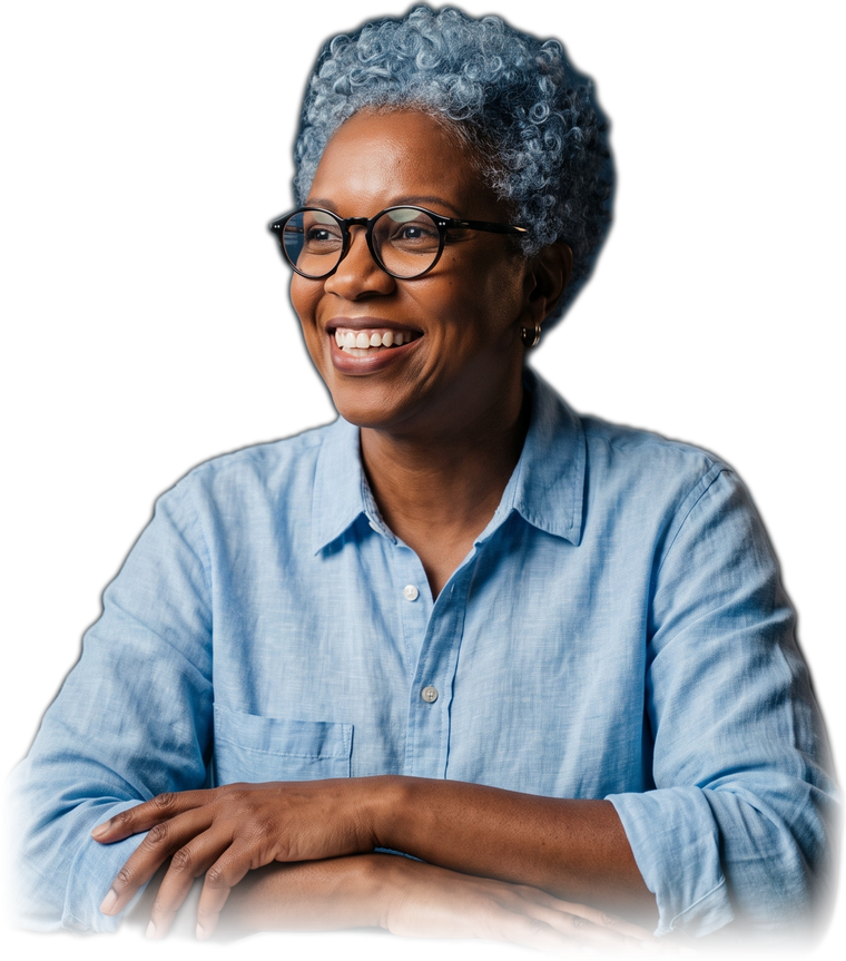 Mulher sorrindo, de camisa azul e braços cruzados, olhando para a frase Tecnologia é o novo trabalho de São Gonçalo